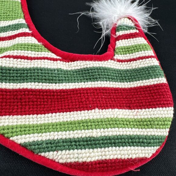 Peking Handicraft Embroidered Christmas Stocking Elf Shoe Red Green Stripes - Picture 2 of 11